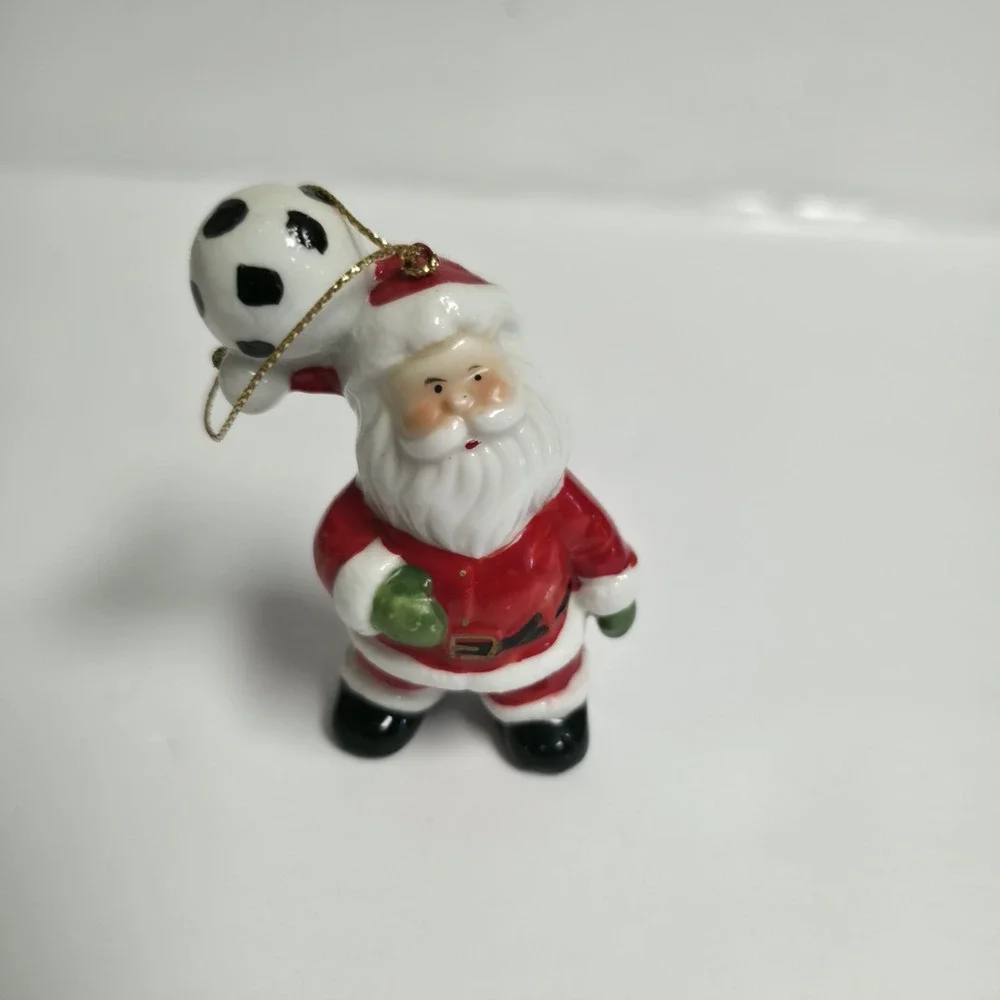 Vintage Ceramic Santa Claus Soccer Ball Christmas Ornament Retro Sports Holiday